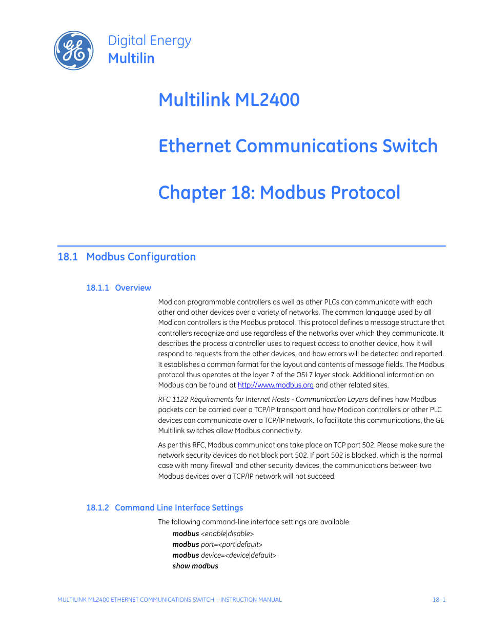 Modbus protocol, 1 modbus configuration, 1 overview | 2 command line interface settings, Modbus, Protocol, Modbus configuration -1, Verview, Ommand, Nterface | GE MULTILINK ML2400 User Manual | Page 299 / 346
