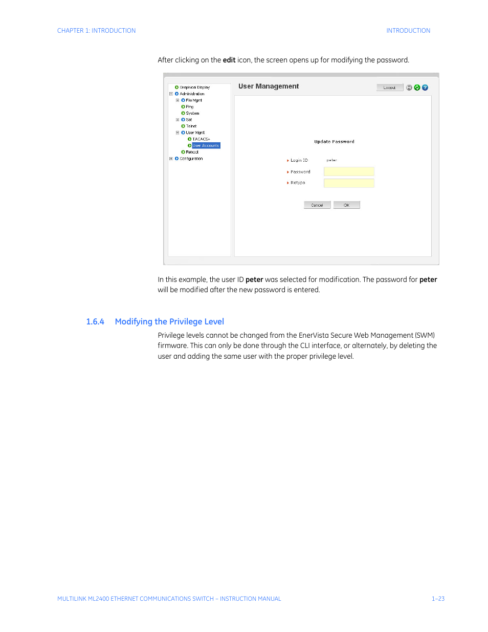 4 modifying the privilege level, Odifying, Rivilege | Evel | GE MULTILINK ML2400 User Manual | Page 33 / 346