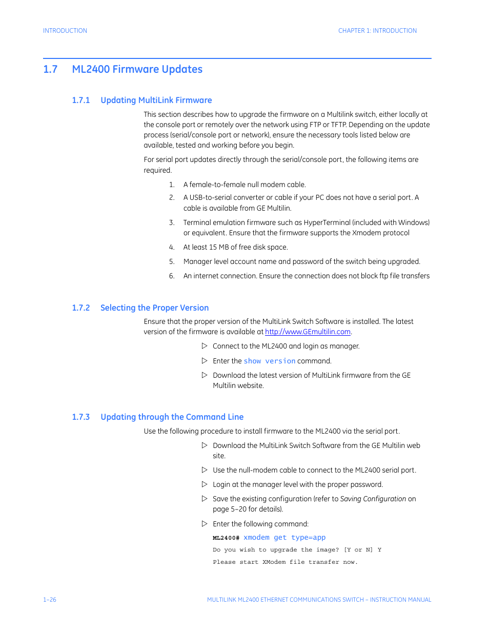 7 ml2400 firmware updates, 1 updating multilink firmware, 2 selecting the proper version | 3 updating through the command line, Ml2400 firmware updates -26, Pdating, Ulti, Irmware, Electing, Roper | GE MULTILINK ML2400 User Manual | Page 36 / 346
