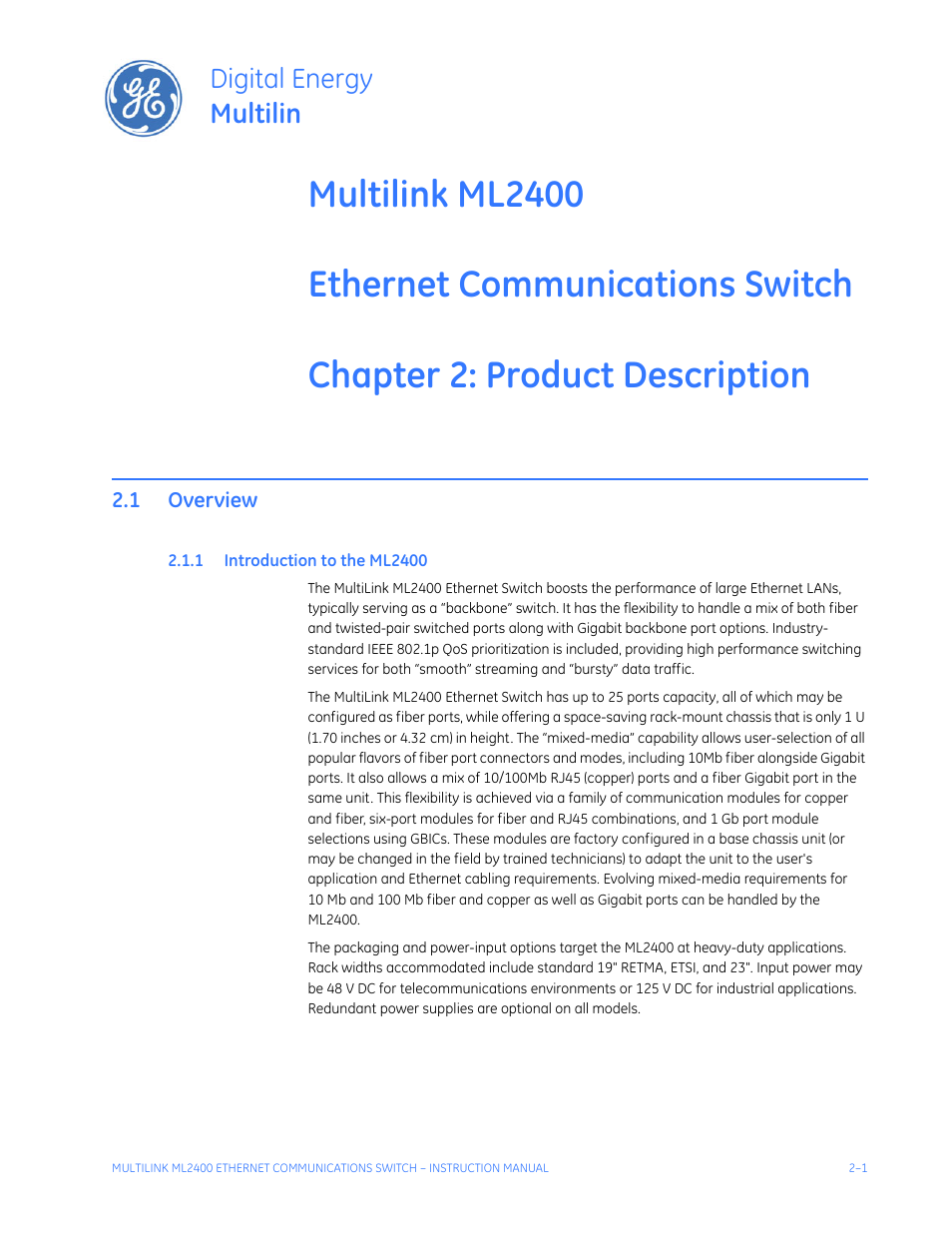 Product description, 1 overview, 1 introduction to the ml2400 | Product, Description, Overview -1, Ntroduction, Ml2400 -1, Digital energy multilin | GE MULTILINK ML2400 User Manual | Page 41 / 346