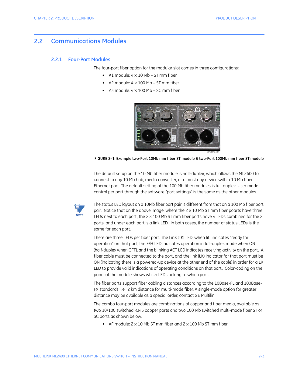 2 communications modules, 1 four-port modules, Communications modules -3 | Odules | GE MULTILINK ML2400 User Manual | Page 43 / 346