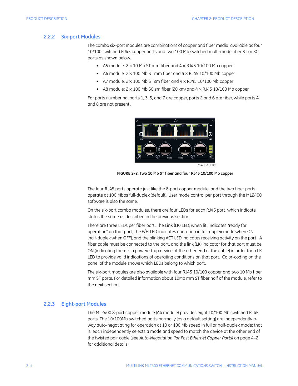 2 six-port modules, 3 eight-port modules, Port | Odules, Ight | GE MULTILINK ML2400 User Manual | Page 44 / 346