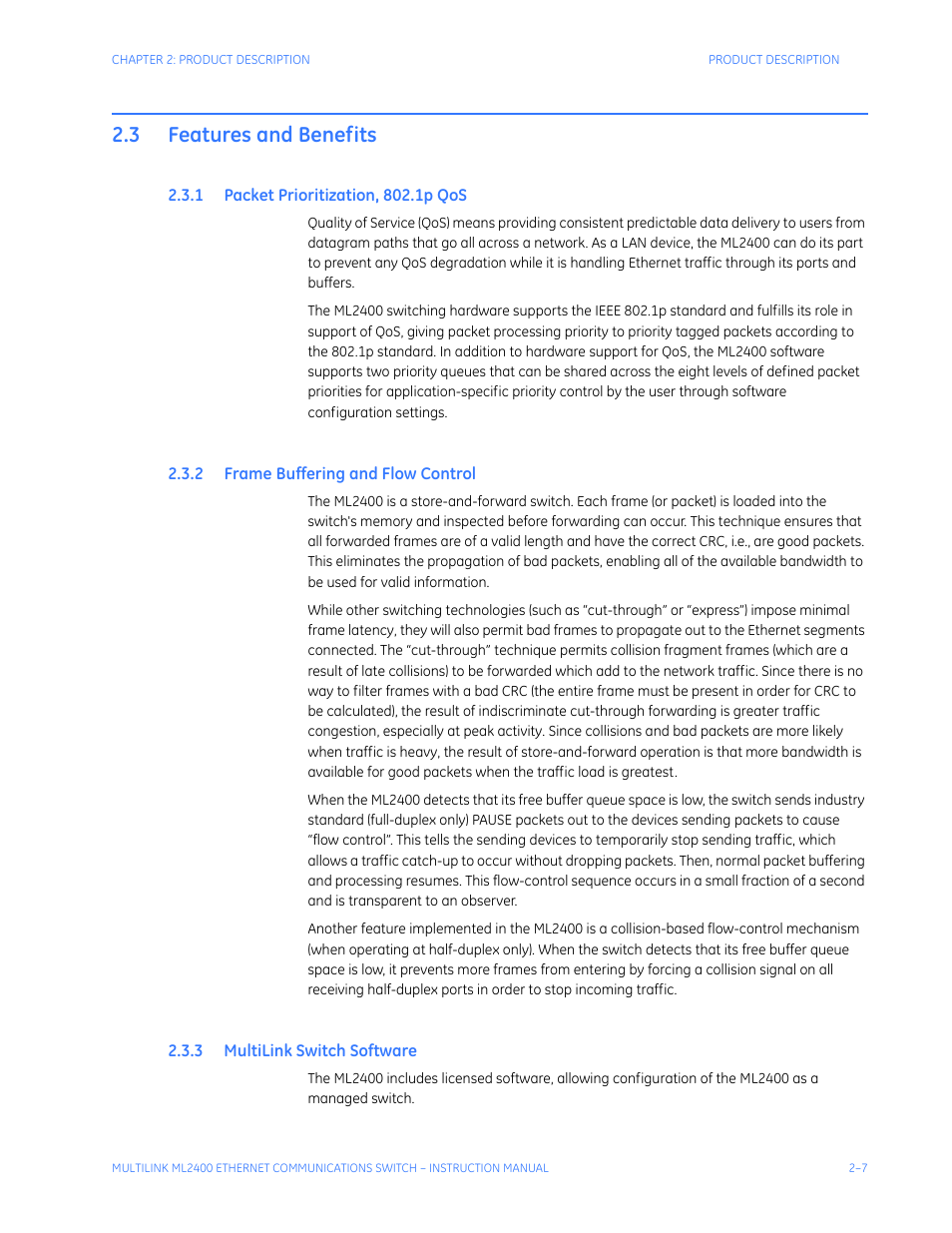 3 features and benefits, 1 packet prioritization, 802.1p qos, 2 frame buffering and flow control | 3 multilink switch software, Features and benefits -7, Acket, Rioritization, S -7, Rame, Uffering | GE MULTILINK ML2400 User Manual | Page 47 / 346