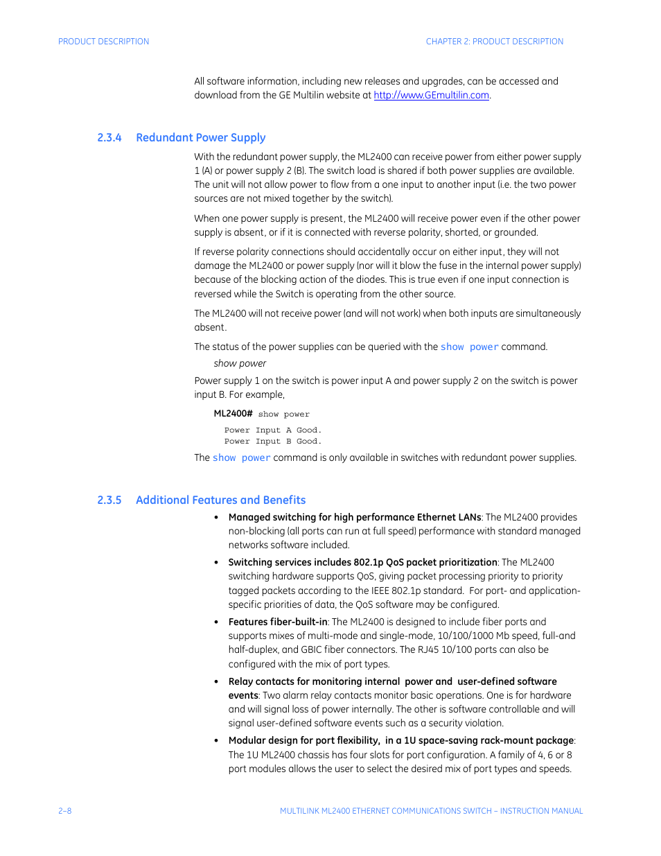 4 redundant power supply, 5 additional features and benefits, Edundant | Ower, Upply, Dditional, Eatures, Enefits | GE MULTILINK ML2400 User Manual | Page 48 / 346