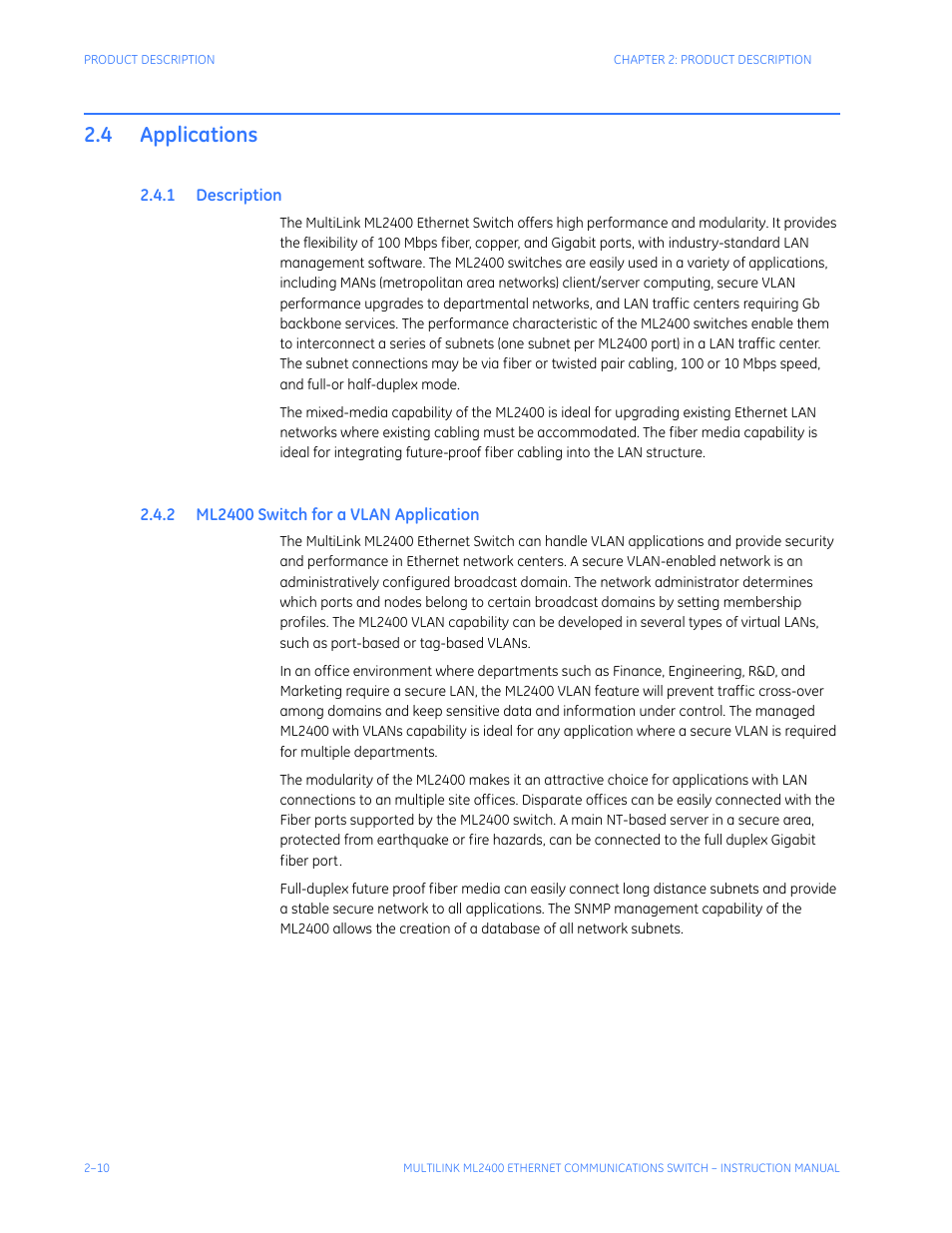 4 applications, 1 description, 2 ml2400 switch for a vlan application | Applications -10, Escription, Ml2400 s, Witch, Vlan a, Pplication | GE MULTILINK ML2400 User Manual | Page 50 / 346