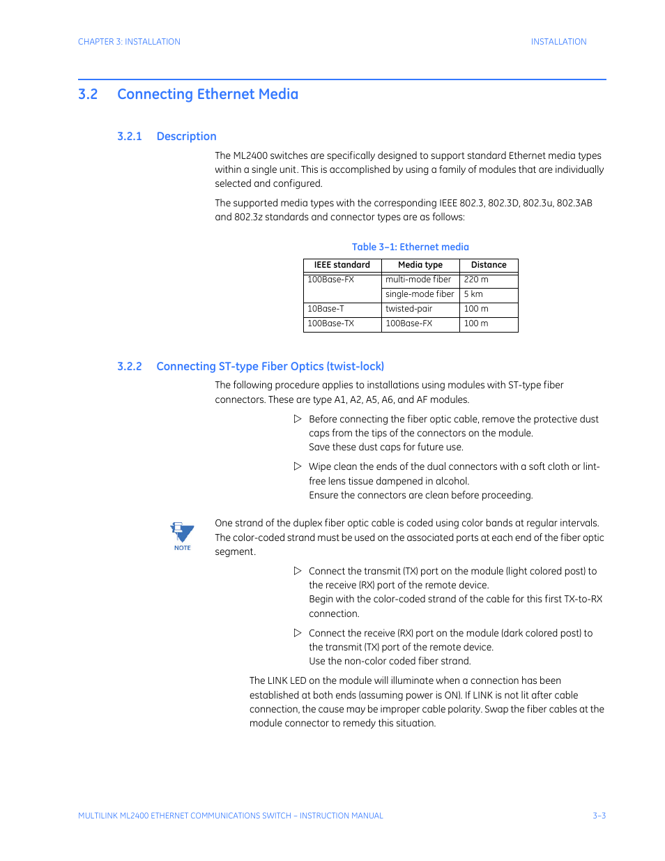 2 connecting ethernet media, 1 description, 2 connecting st-type fiber optics (twist-lock) | Connecting ethernet media -3, Escription, Onnecting, Type, Iber, Ptics, Twist | GE MULTILINK ML2400 User Manual | Page 55 / 346