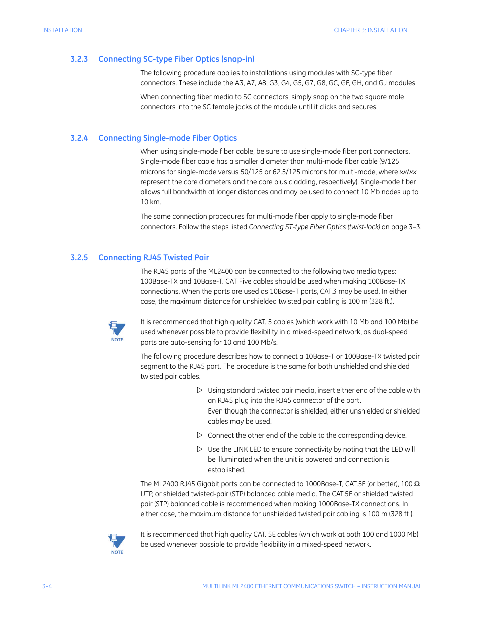 3 connecting sc-type fiber optics (snap-in), 4 connecting single-mode fiber optics, 5 connecting rj45 twisted pair | Onnecting, Type, Iber, Ptics, Snap, Ingle, Mode | GE MULTILINK ML2400 User Manual | Page 56 / 346