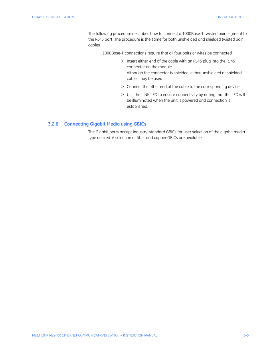 6 connecting gigabit media using gbics, Onnecting, Igabit | Edia, Using, Gbic | GE MULTILINK ML2400 User Manual | Page 57 / 346