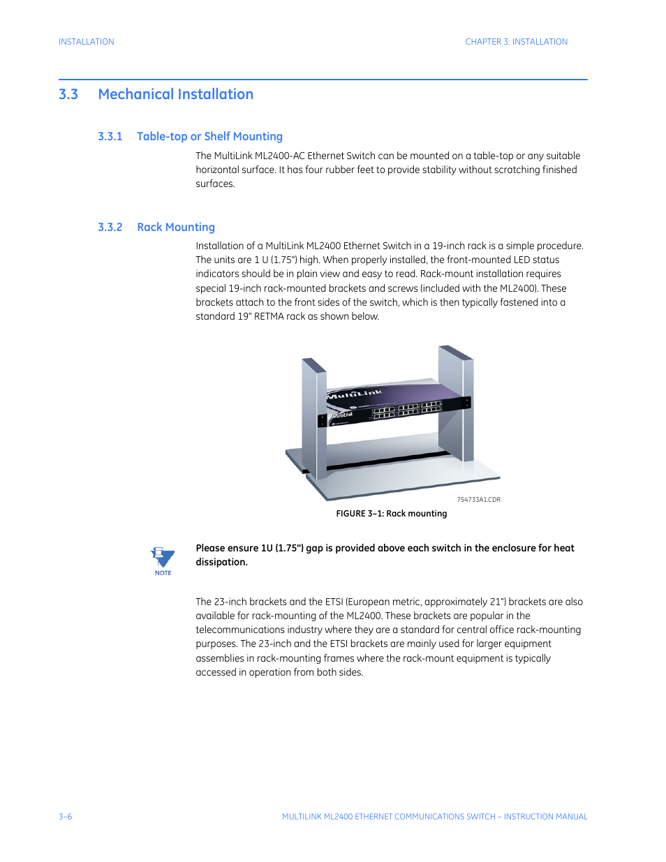 3 mechanical installation, 1 table-top or shelf mounting, 2 rack mounting | Mechanical installation -6, Able, Helf, Ounting | GE MULTILINK ML2400 User Manual | Page 58 / 346