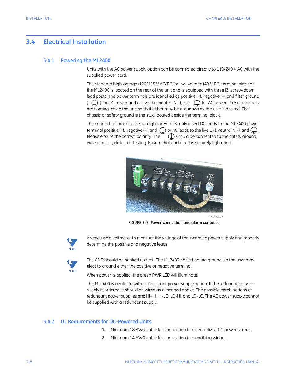 4 electrical installation, 1 powering the ml2400, 2 ul requirements for dc-powered units | Electrical installation -8, Owering, Ml2400 -8, Ul r, Equirements, Dc-p, Owered | GE MULTILINK ML2400 User Manual | Page 60 / 346