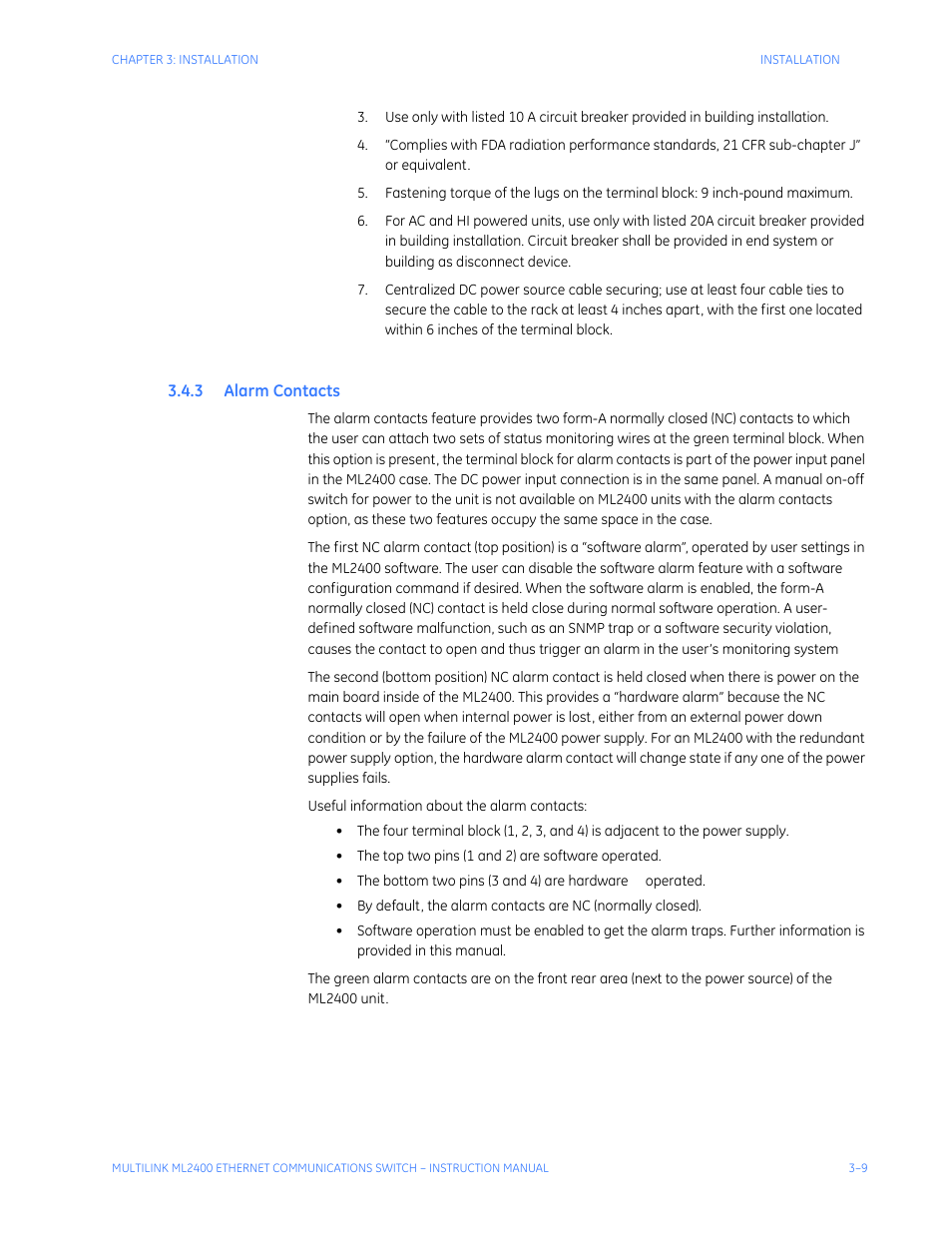 3 alarm contacts, Larm, Ontacts | GE MULTILINK ML2400 User Manual | Page 61 / 346