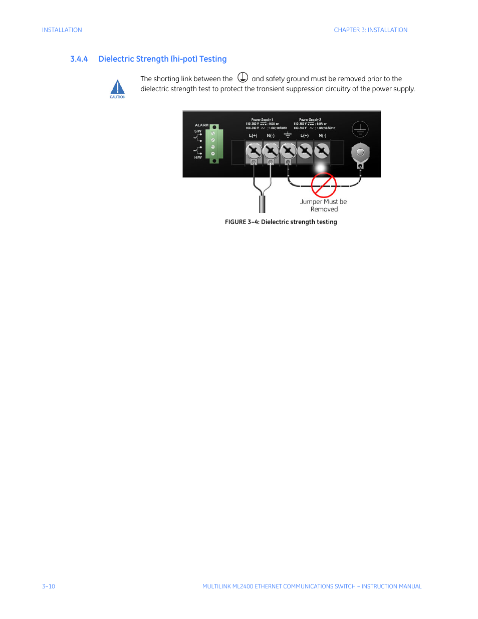 4 dielectric strength (hi-pot) testing, Ielectric, Trength | Esting | GE MULTILINK ML2400 User Manual | Page 62 / 346