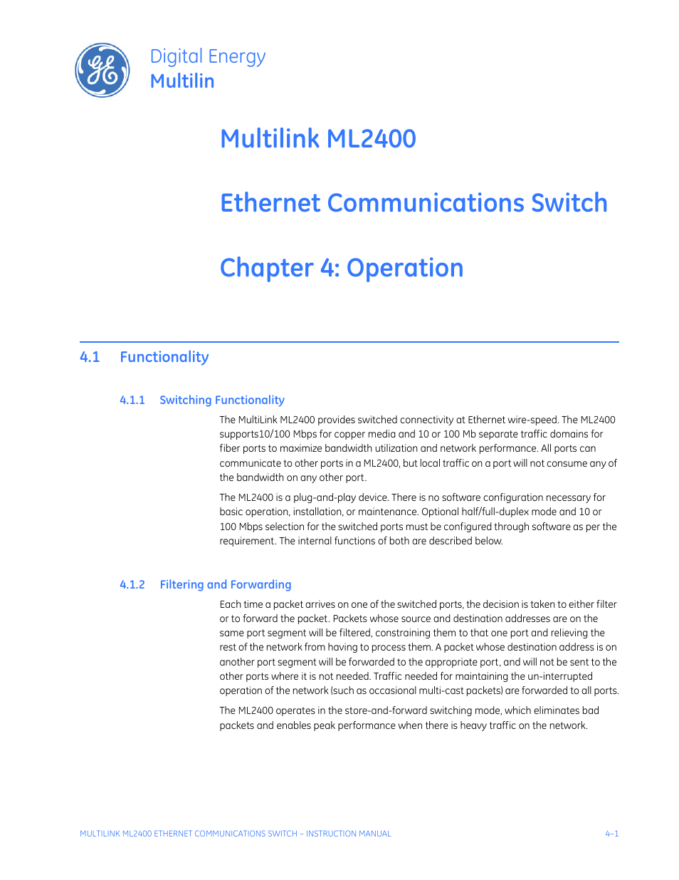 Operation, 1 functionality, 1 switching functionality | 2 filtering and forwarding, Functionality -1, Witching, Unctionality, Iltering, Orwarding, Digital energy multilin | GE MULTILINK ML2400 User Manual | Page 65 / 346