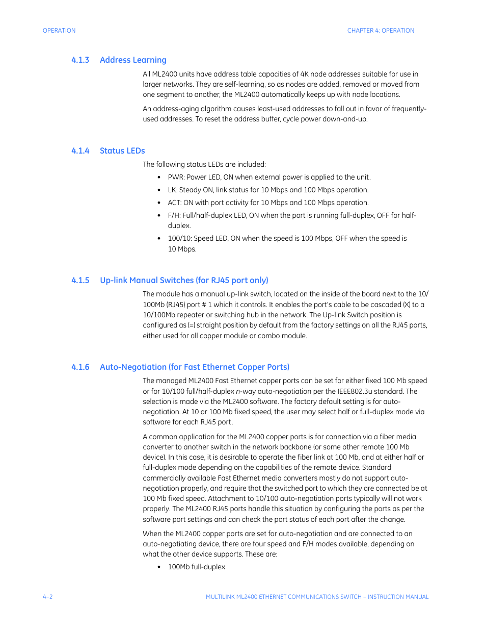 3 address learning, 4 status leds, 5 up-link manual switches (for rj45 port only) | Ddress, Earning, Tatus, Link, Anual, Witches, Rj45 | GE MULTILINK ML2400 User Manual | Page 66 / 346