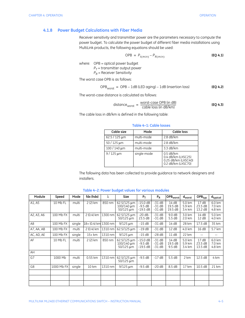 8 power budget calculations with fiber media, Ower, Udget | Alculations, With, Iber, Edia | GE MULTILINK ML2400 User Manual | Page 69 / 346