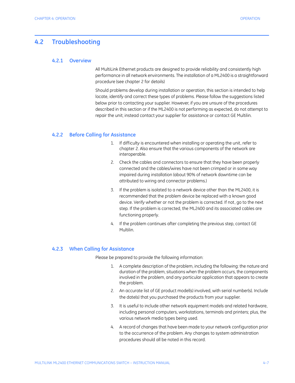 2 troubleshooting, 1 overview, 2 before calling for assistance | 3 when calling for assistance, Troubleshooting -7, Verview, Efore, Alling, Ssistance | GE MULTILINK ML2400 User Manual | Page 71 / 346