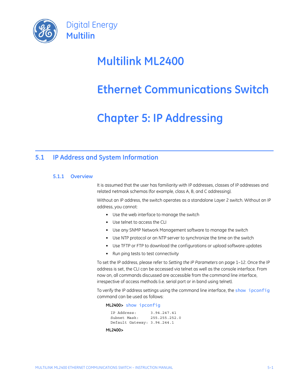 Ip addressing, 1 ip address and system information, 1 overview | Ip address and system information -1, Verview, Digital energy multilin | GE MULTILINK ML2400 User Manual | Page 73 / 346