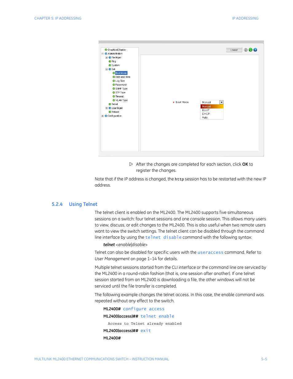 4 using telnet, Sing, Elnet | GE MULTILINK ML2400 User Manual | Page 77 / 346