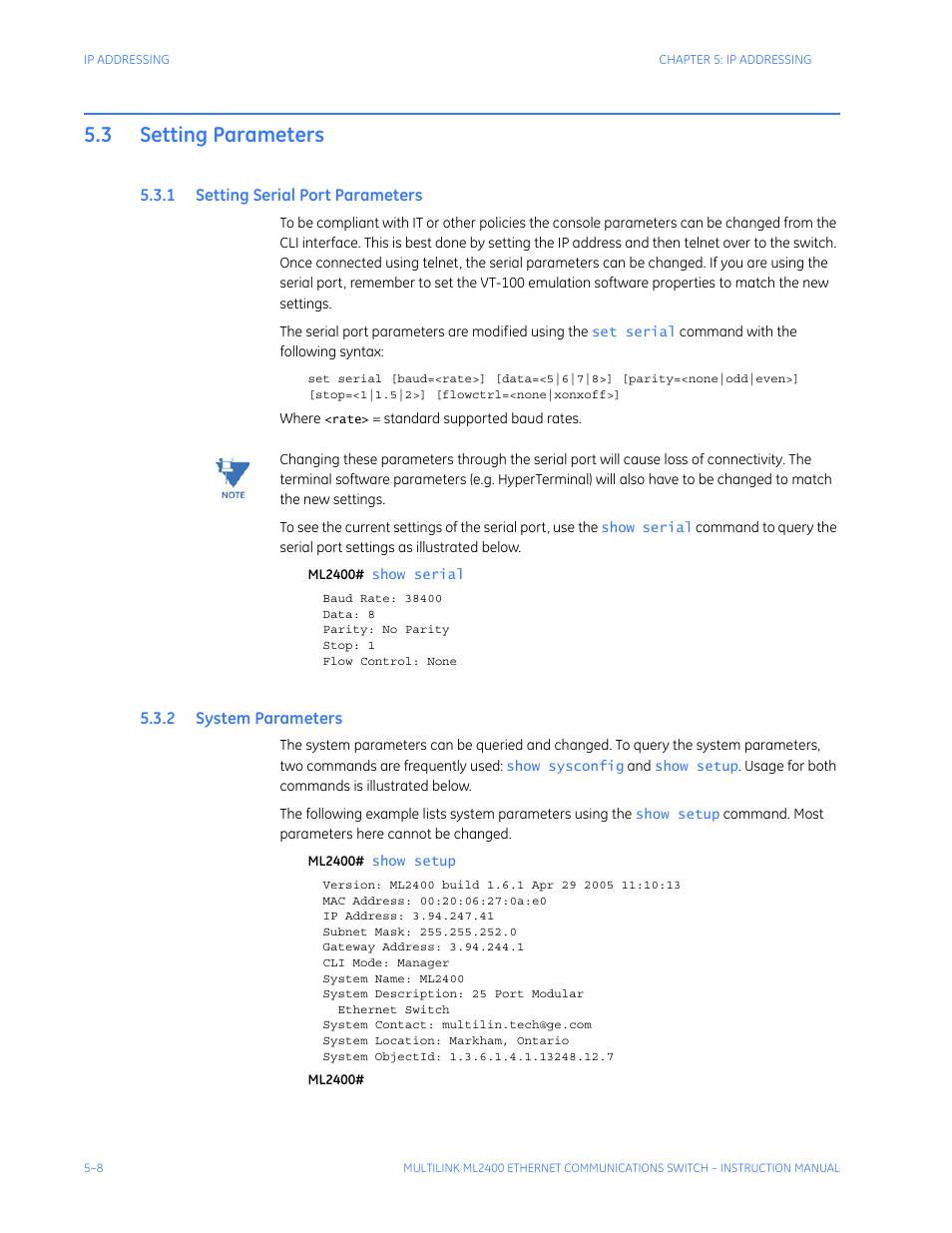 3 setting parameters, 1 setting serial port parameters, 2 system parameters | Setting parameters -8, Etting, Erial, Arameters, Ystem | GE MULTILINK ML2400 User Manual | Page 80 / 346