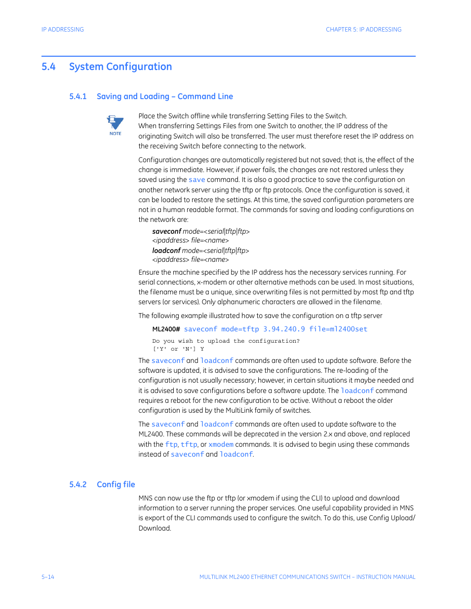 4 system configuration, 1 saving and loading – command line, 2 config file | System configuration -14, Aving, Oading, Ommand, Onfig, File | GE MULTILINK ML2400 User Manual | Page 86 / 346