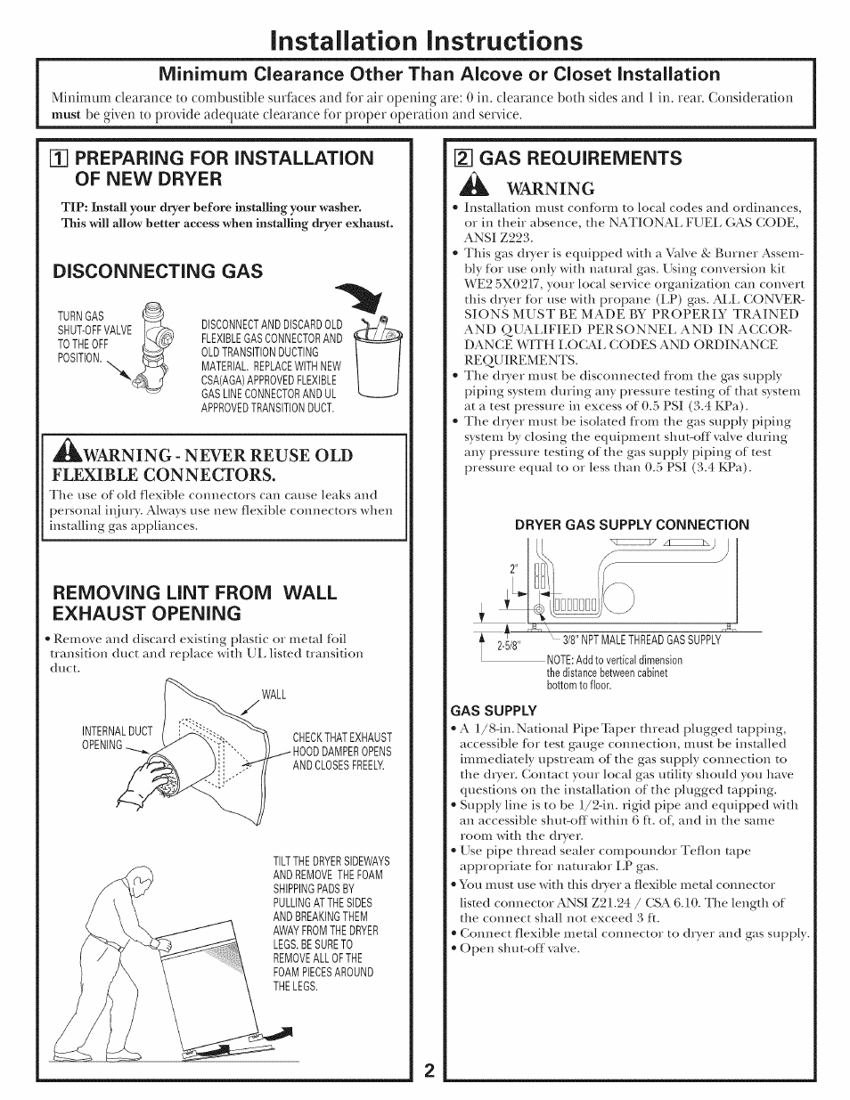 B preparing for installation, Disconnecting gas, Removing lint from wall exhaust opening | E] gas requirements, Installation instructions, Connectors | GE 500A436P006 User Manual | Page 2 / 8