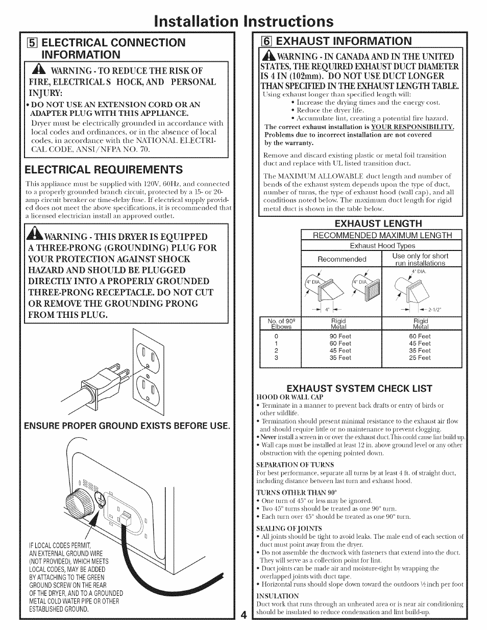 1 electrical connection, Electrical requirements, Exhaust information | Installation instructions, Exhaust length exhaust system check list | GE 500A436P006 User Manual | Page 4 / 8