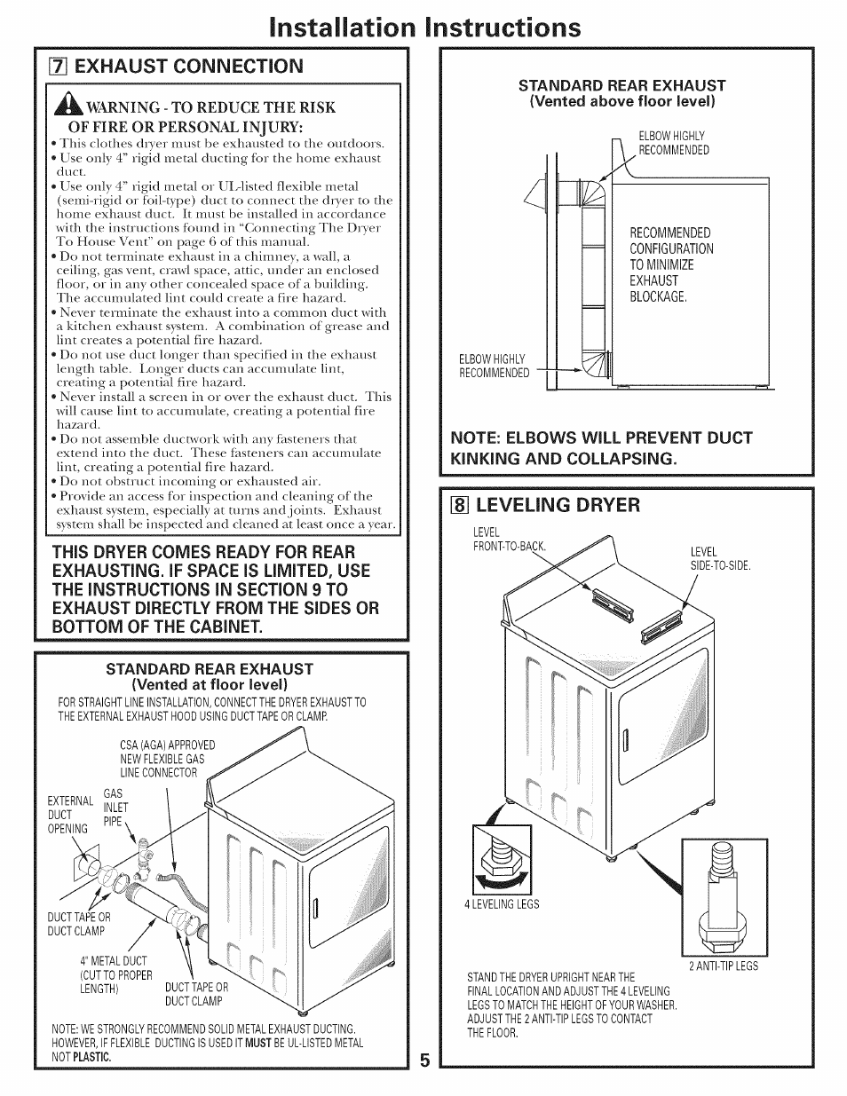 M exhaust connection, 8 leveling dryer, Instailatiori instructions | Exhaust connection | GE 500A436P006 User Manual | Page 5 / 8