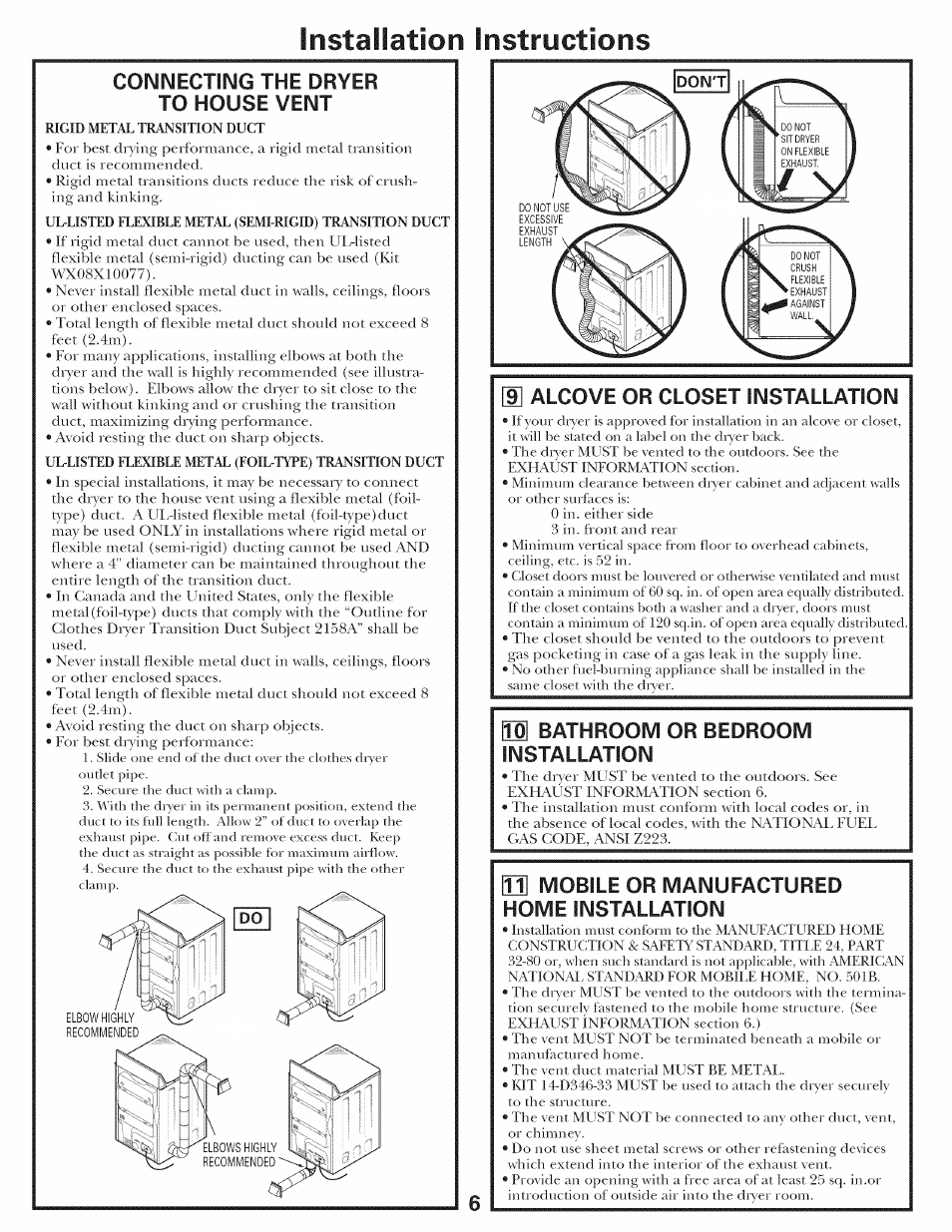 9 alcove or closet installation, Bathroom or bedroom installation, Mobile or manufactured home installation | Instailatiori instructions | GE 500A436P006 User Manual | Page 6 / 8