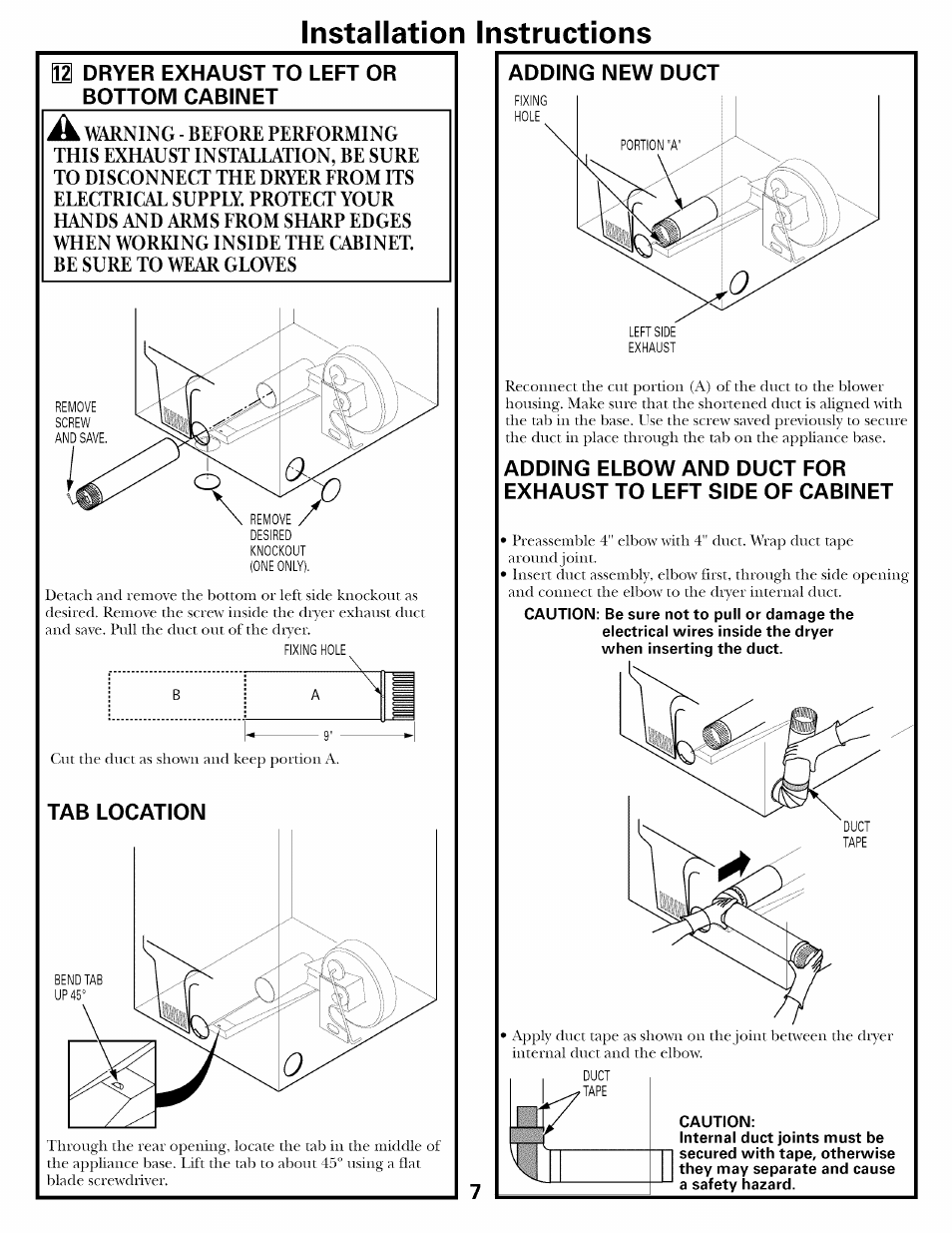 M dryer exhaust to left or bottom cabinet, Tab location, Adding new duct | Installation instructions, Dryer exhaust to left or bottom cabinet | GE 500A436P006 User Manual | Page 7 / 8