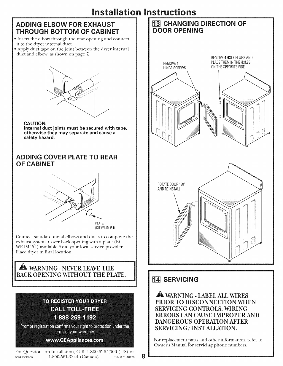 Adding cover plate to rear of cabinet, 14 servicing, Installation instructions | Call toll-free, Servicing | GE 500A436P006 User Manual | Page 8 / 8