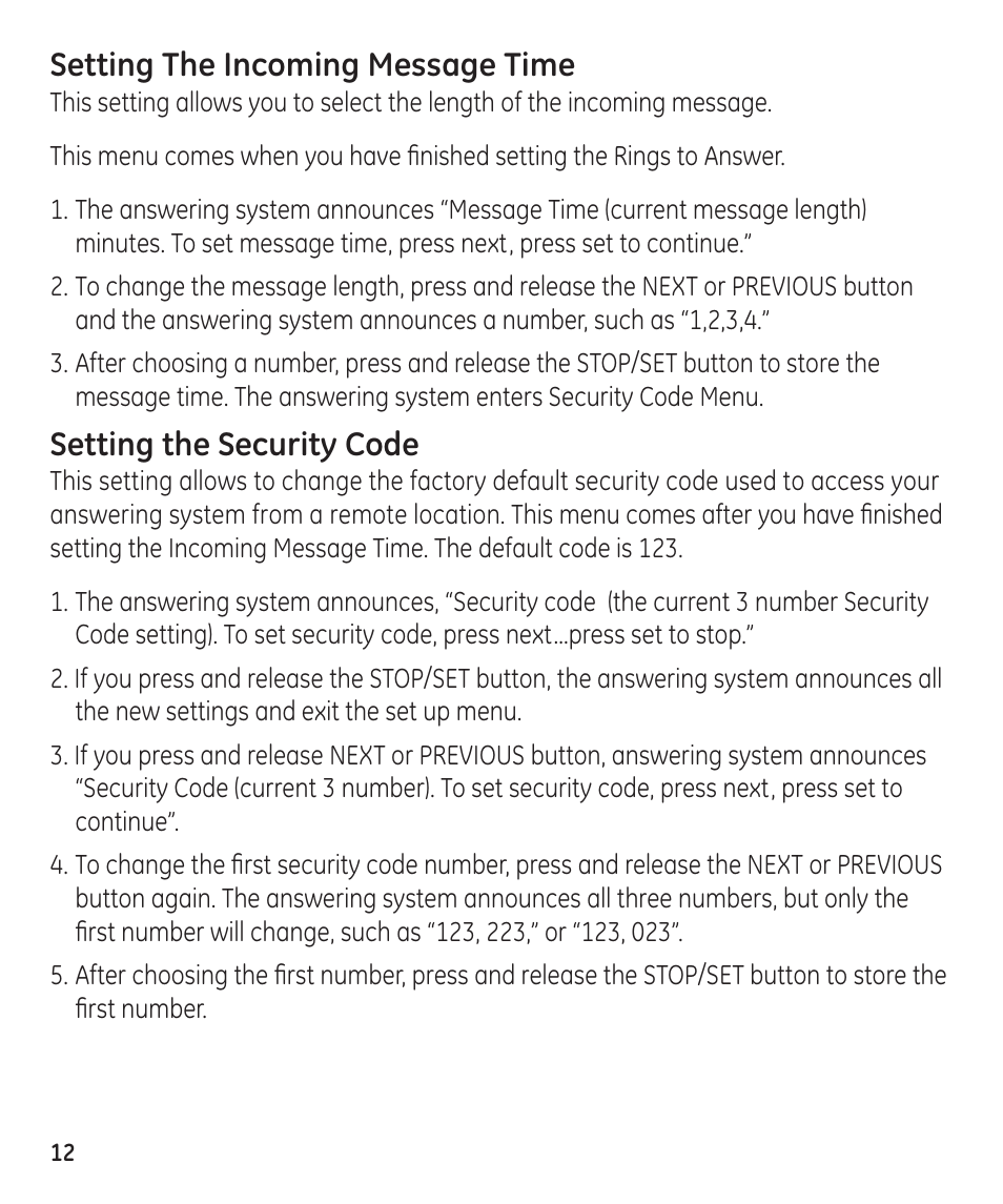 Setting the incoming message time, Setting the security code | GE 55897990 User Manual | Page 12 / 52