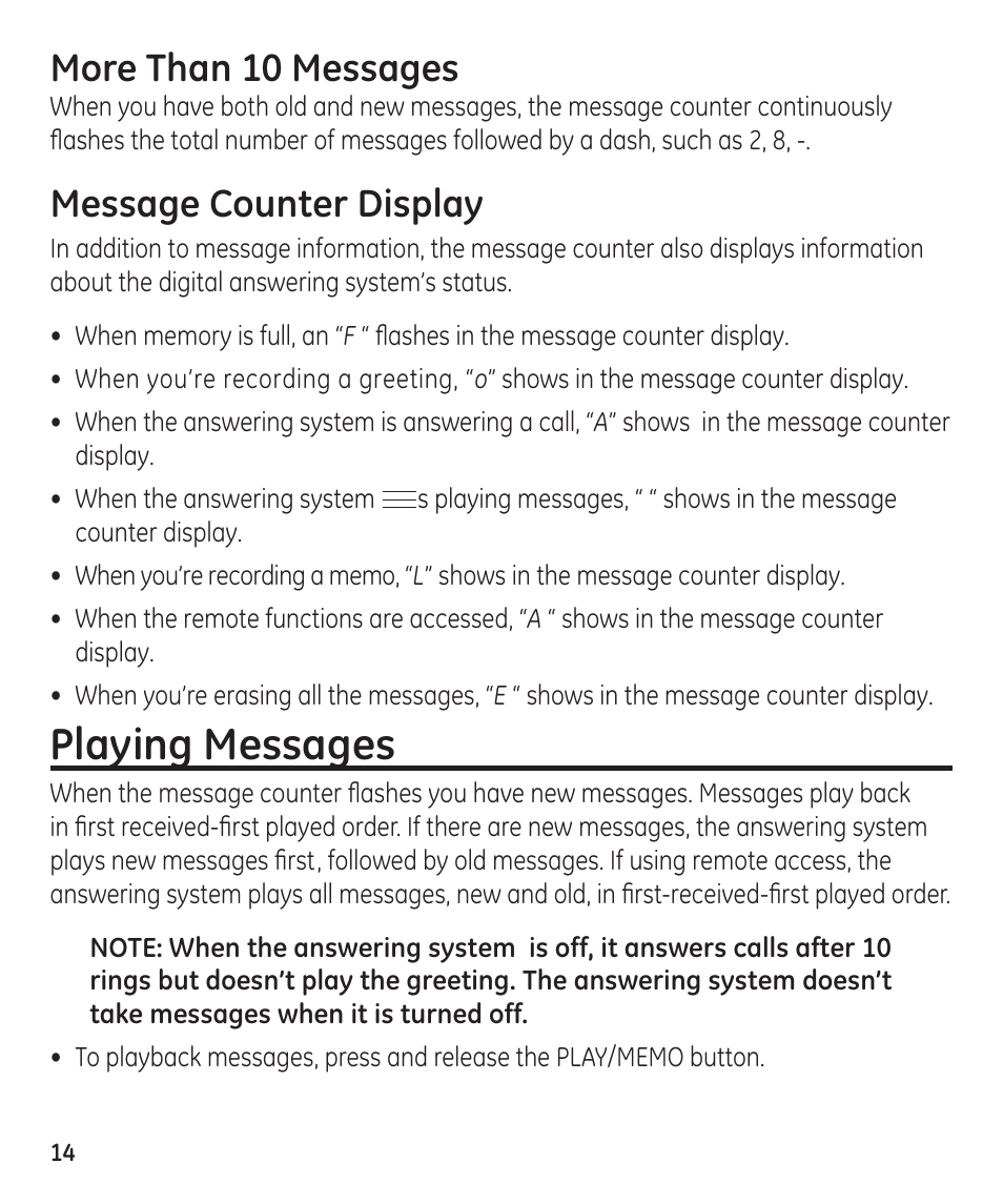 Playing messages, More than 10 messages, Message counter display | GE 55897990 User Manual | Page 14 / 52