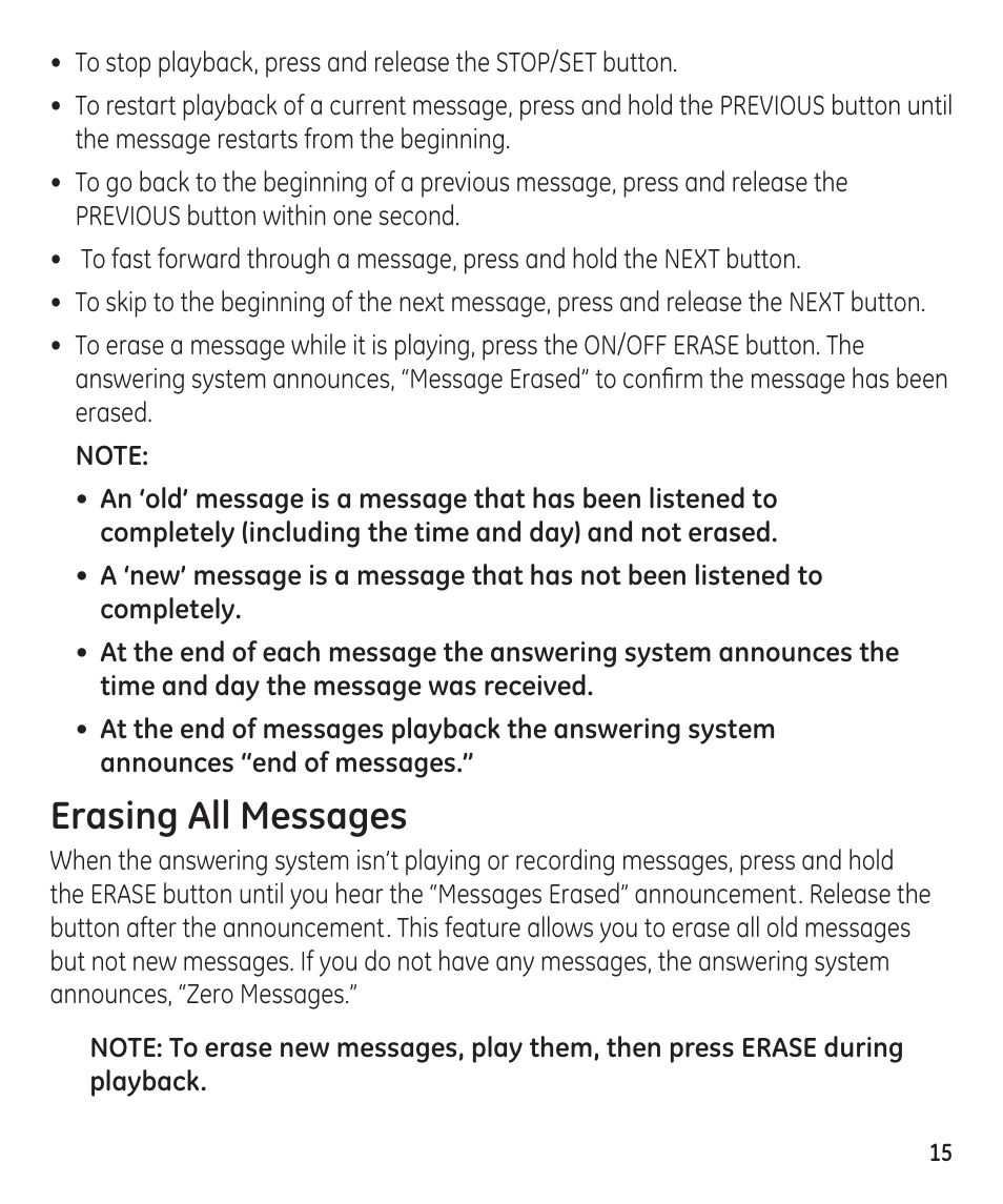 Erasing all messages | GE 55897990 User Manual | Page 15 / 52