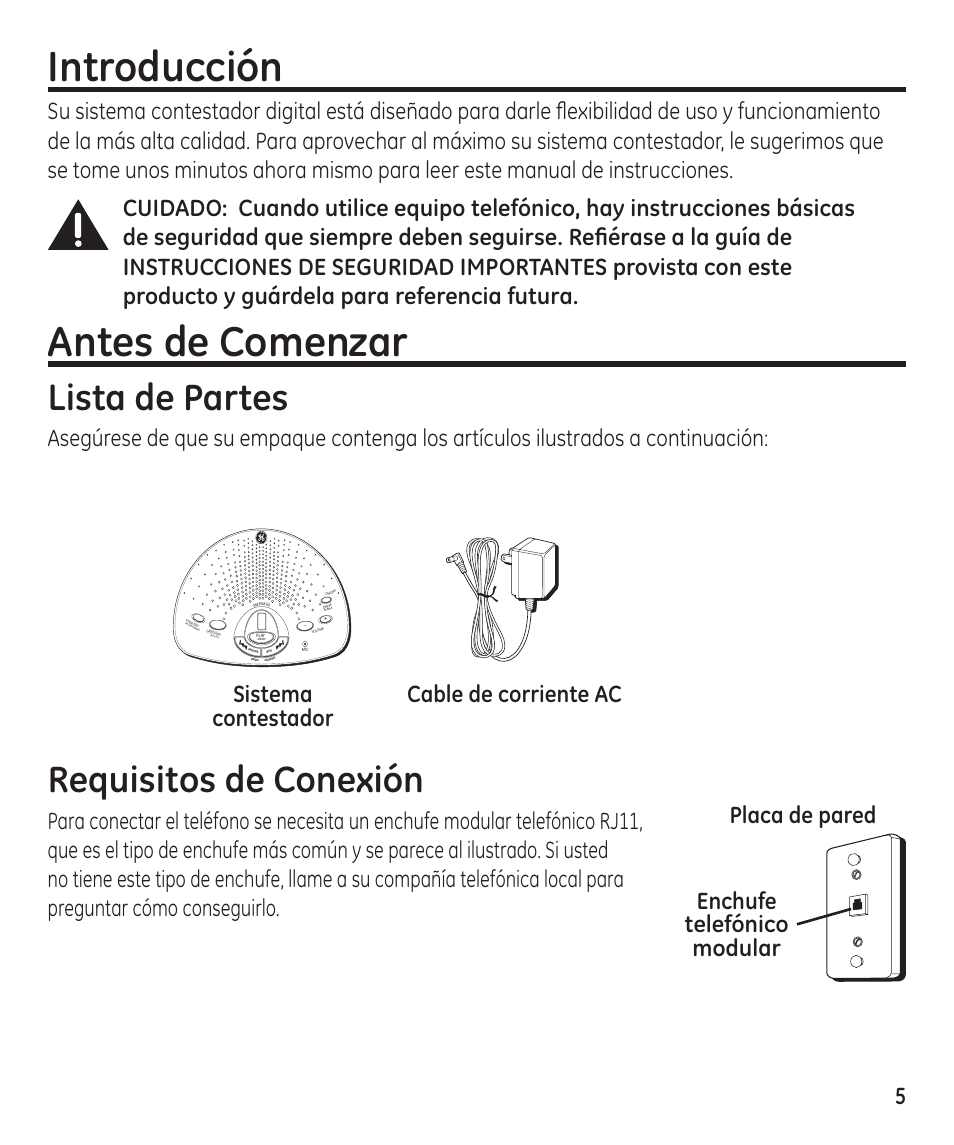 Introducción, Antes de comenzar, Lista de partes | Requisitos de conexión, Enchufe telefónico modular placa de pared | GE 55897990 User Manual | Page 31 / 52