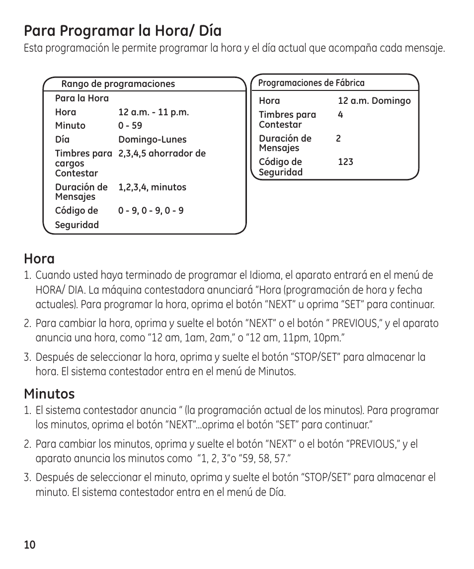 Para programar la hora/ día, Hora, Minutos | GE 55897990 User Manual | Page 36 / 52