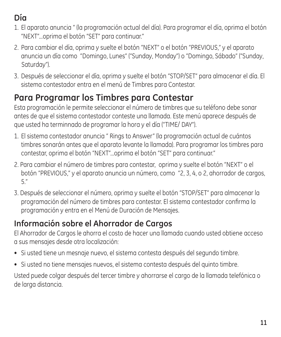 Para programar los timbres para contestar, Información sobre el ahorrador de cargos | GE 55897990 User Manual | Page 37 / 52