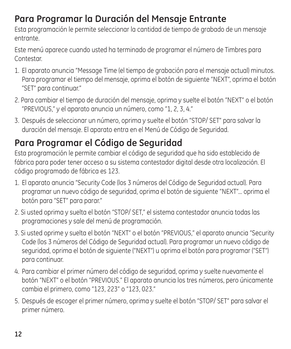 Para programar la duración del mensaje entrante, Para programar el código de seguridad | GE 55897990 User Manual | Page 38 / 52