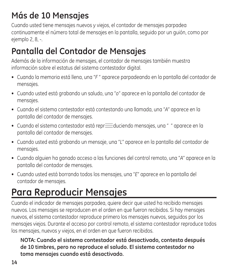 Para reproducir mensajes, Más de 10 mensajes, Pantalla del contador de mensajes | GE 55897990 User Manual | Page 40 / 52