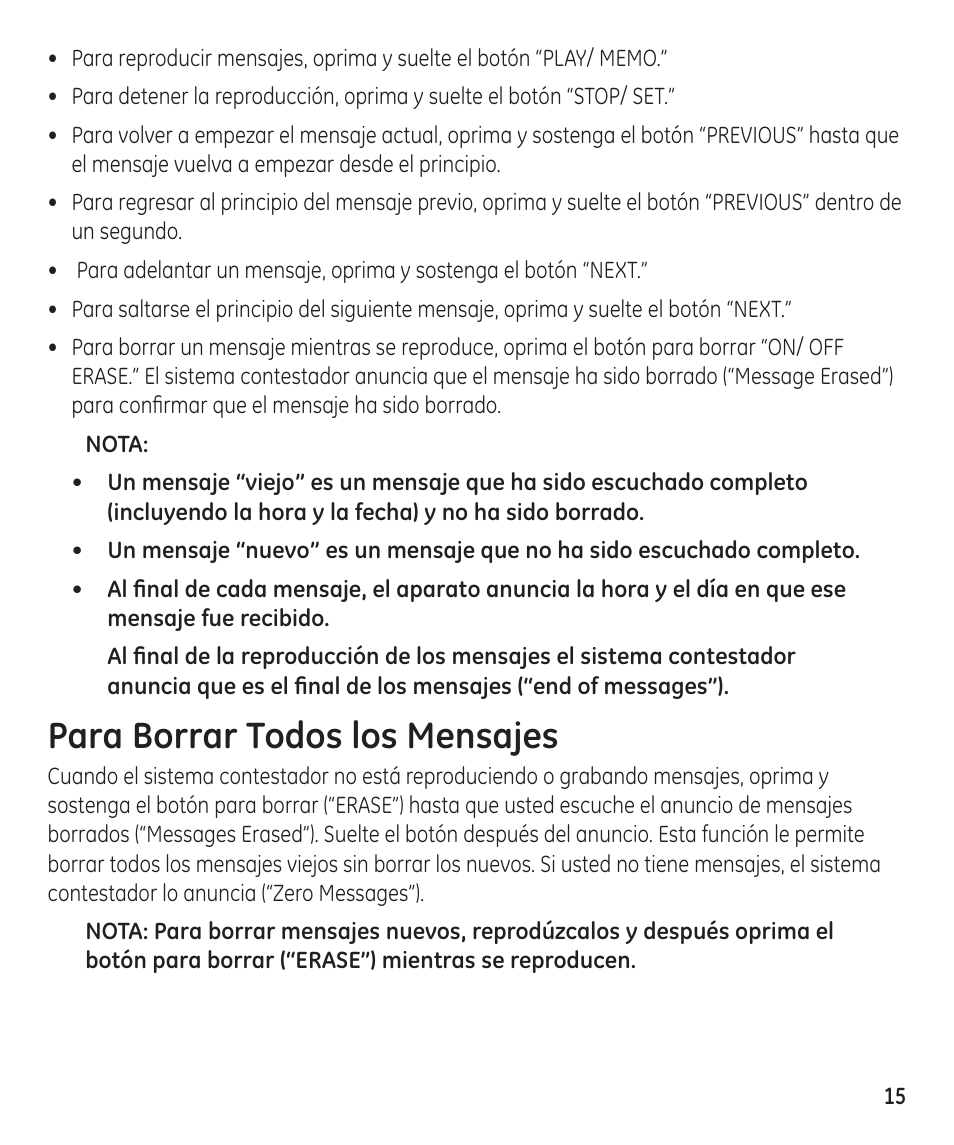 Para borrar todos los mensajes | GE 55897990 User Manual | Page 41 / 52