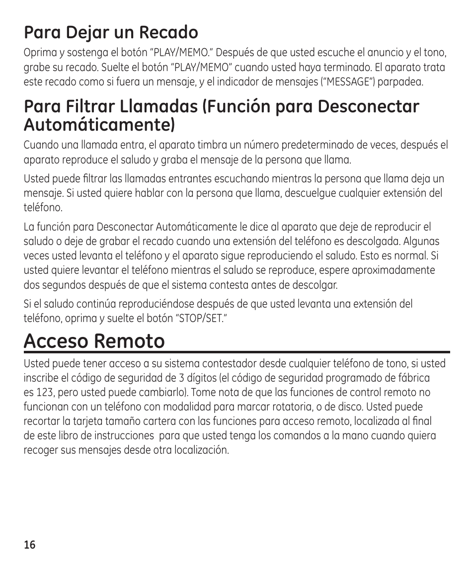 Acceso remoto, Para dejar un recado | GE 55897990 User Manual | Page 42 / 52