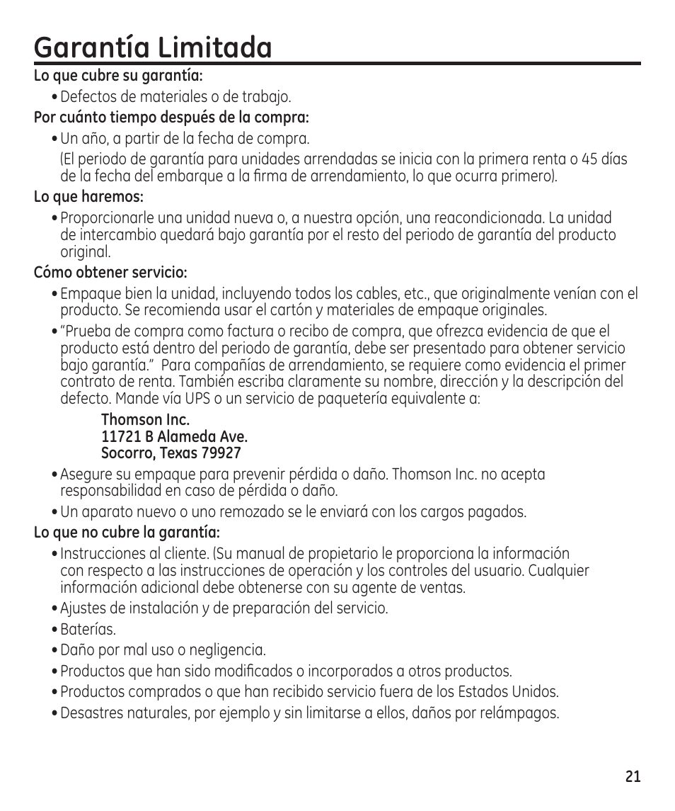 Garantía limitada | GE 55897990 User Manual | Page 47 / 52