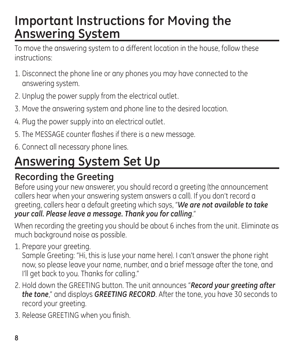 Answering system set up | GE 55897990 User Manual | Page 8 / 52