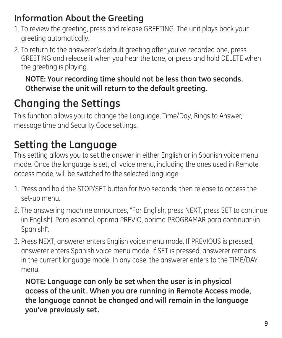 Changing the settings, Setting the language, Information about the greeting | GE 55897990 User Manual | Page 9 / 52