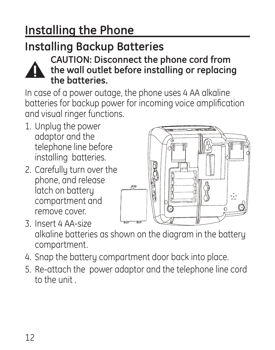 Installing the phone, Installing backup batteries | GE 958 User Manual | Page 12 / 72