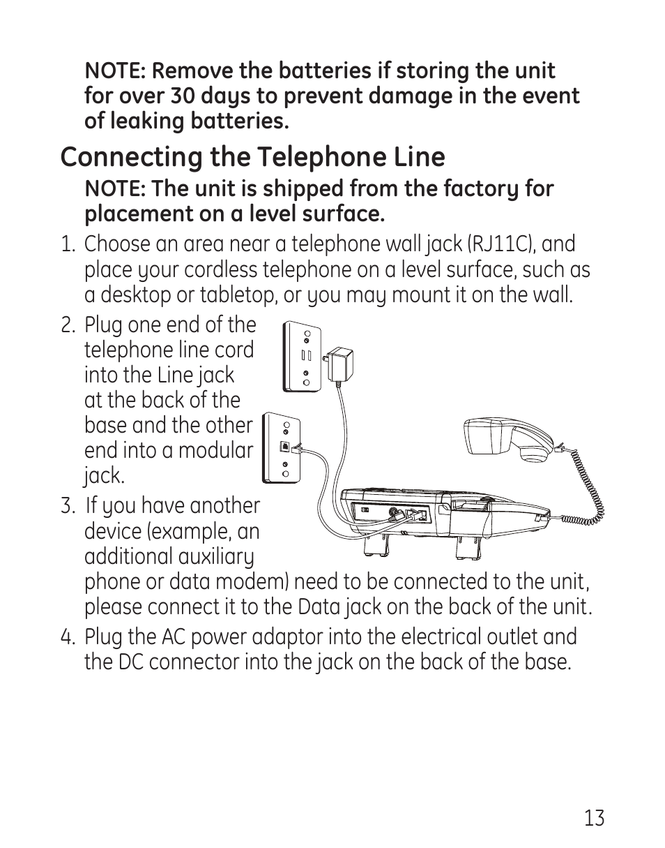 Connecting the telephone line | GE 958 User Manual | Page 13 / 72