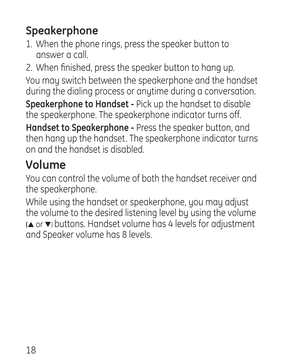 Volume, Speakerphone | GE 958 User Manual | Page 18 / 72