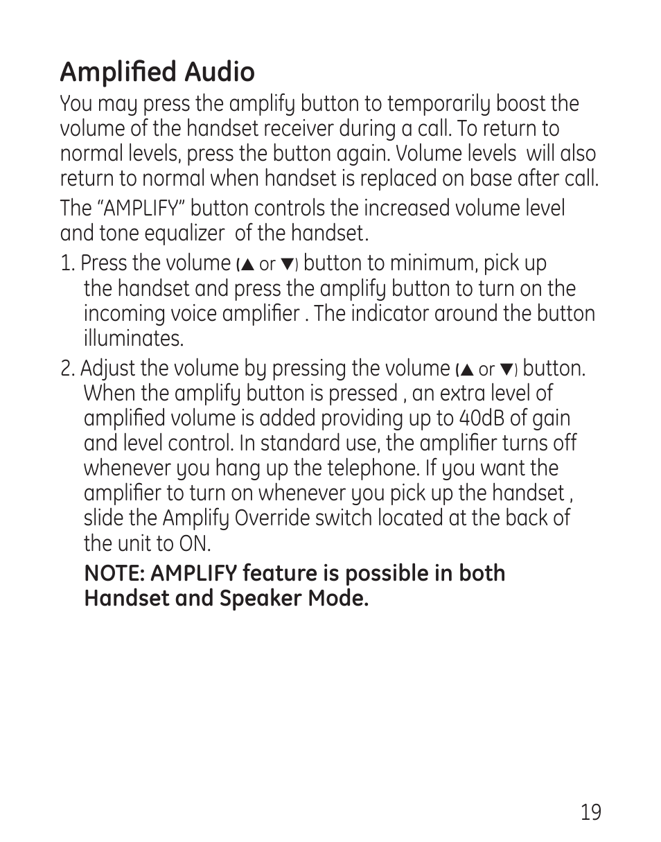 Amplified audio | GE 958 User Manual | Page 19 / 72