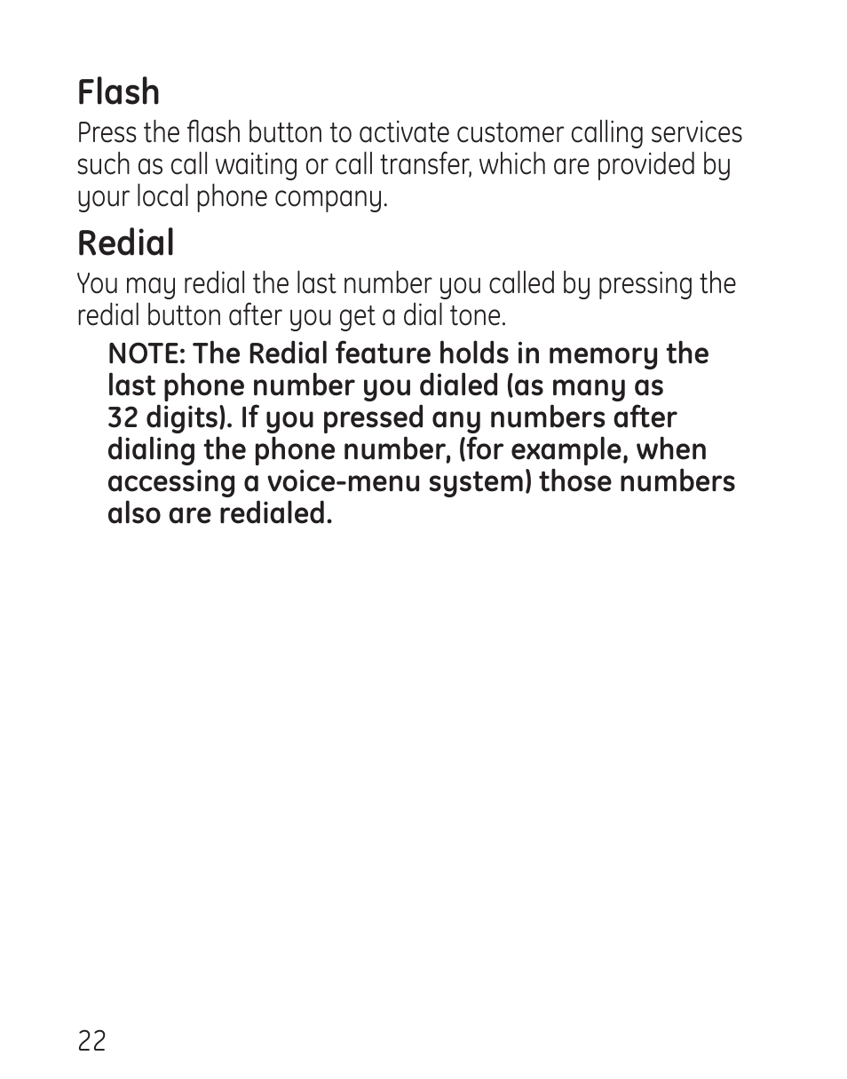 Flash, Redial | GE 958 User Manual | Page 22 / 72