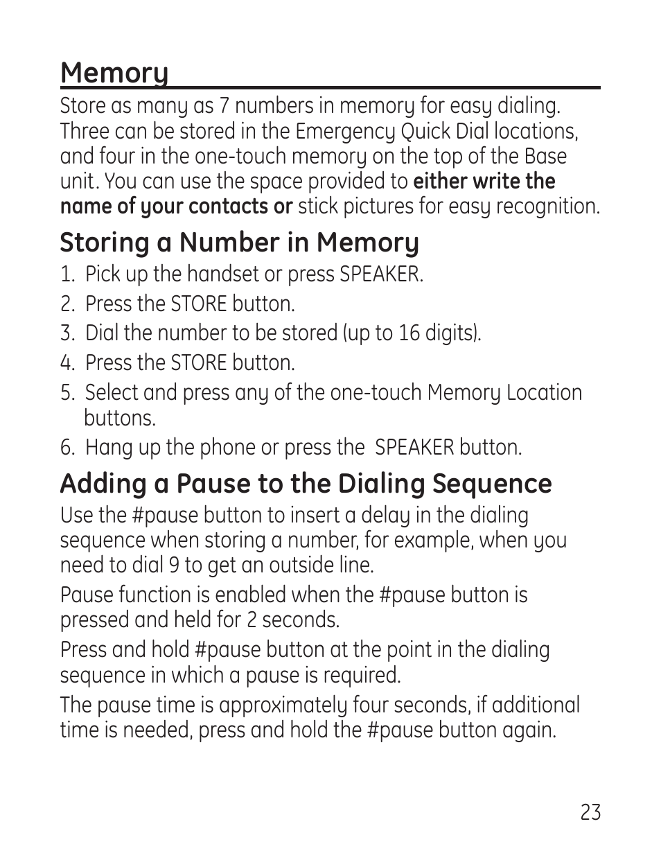 Adding a pause to the dialing sequence | GE 958 User Manual | Page 23 / 72