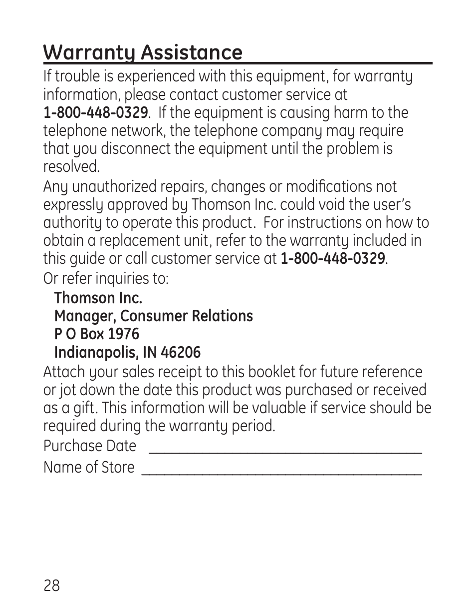 Warranty assistance | GE 958 User Manual | Page 28 / 72